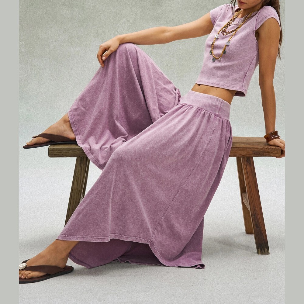 Mauve Pink Mineral Wash Ribbed Cap Sleeve Crop Top and Ultra Wide Leg Pants Set